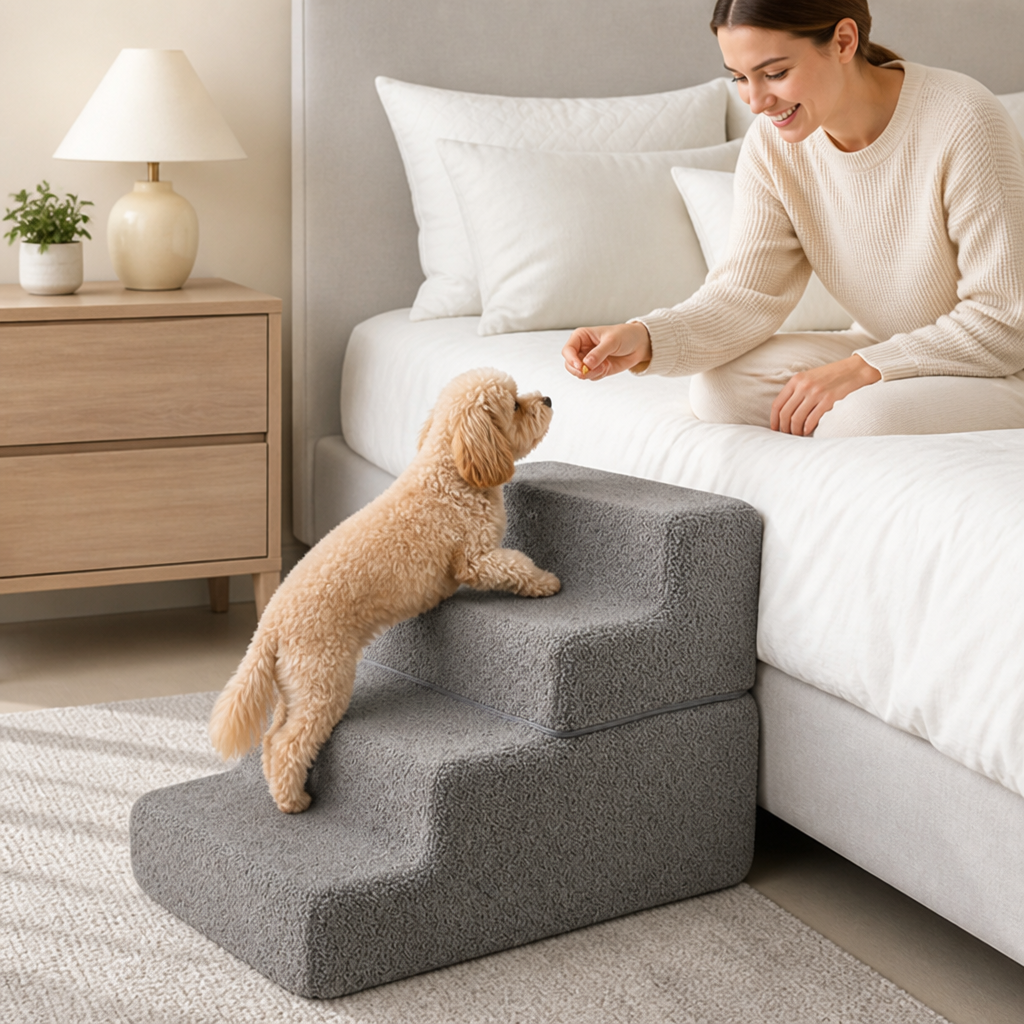 Foldable Non-Slip Foam Pet Stairs (4-Step, Washable Cover)