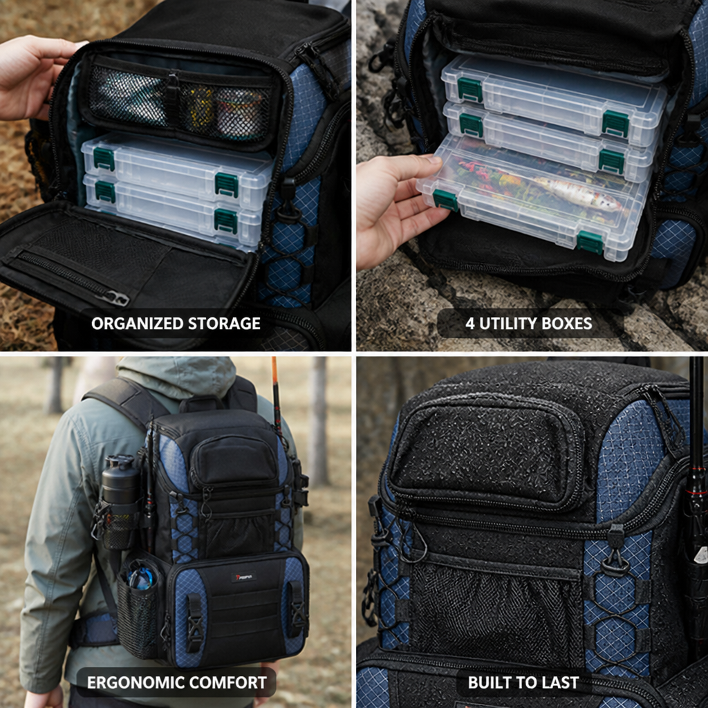 Rod Holders & Ergonomic Fishing Tackle Backpack (Includes 4 Utility Boxes)