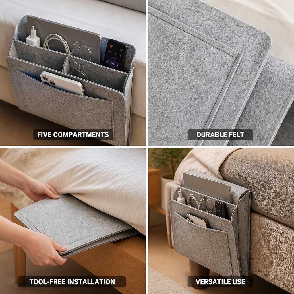 Durable Slide-Under Felt Bedside Caddy (5 Compartments)