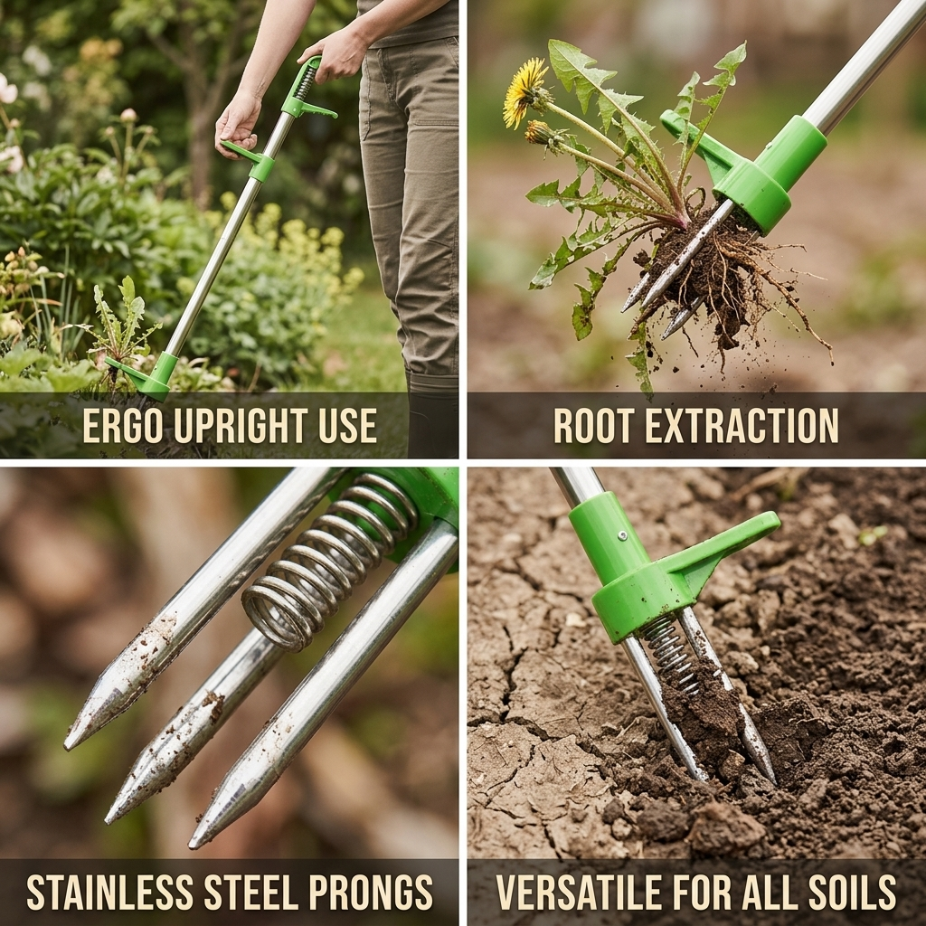 Ergonomic Long-Handle Stainless Steel Three-Prong Weed Puller