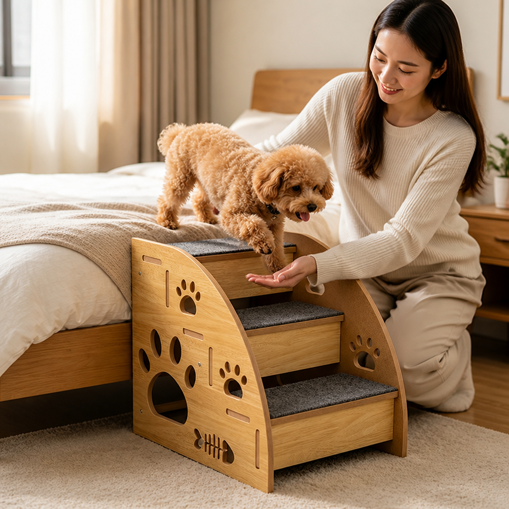 Foldable Space-Saving Wooden Pet Stairs (For Small Dogs & Cats)
