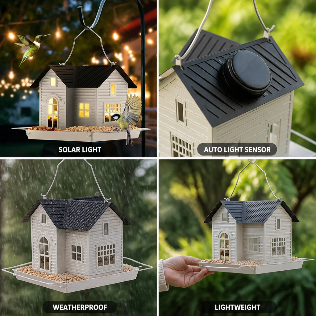 Solar-Powered Light-Sensor Weatherproof Bird Feeder