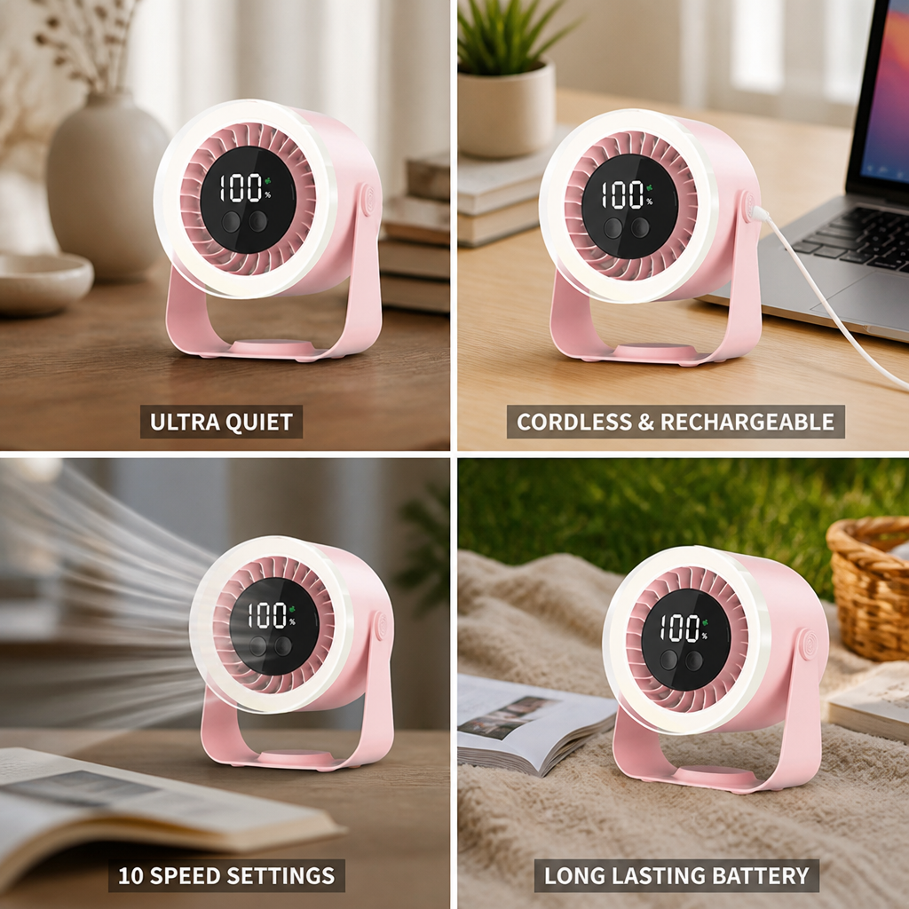 Whisper-Quiet 10-Speed USB-C Rechargeable Table Fan