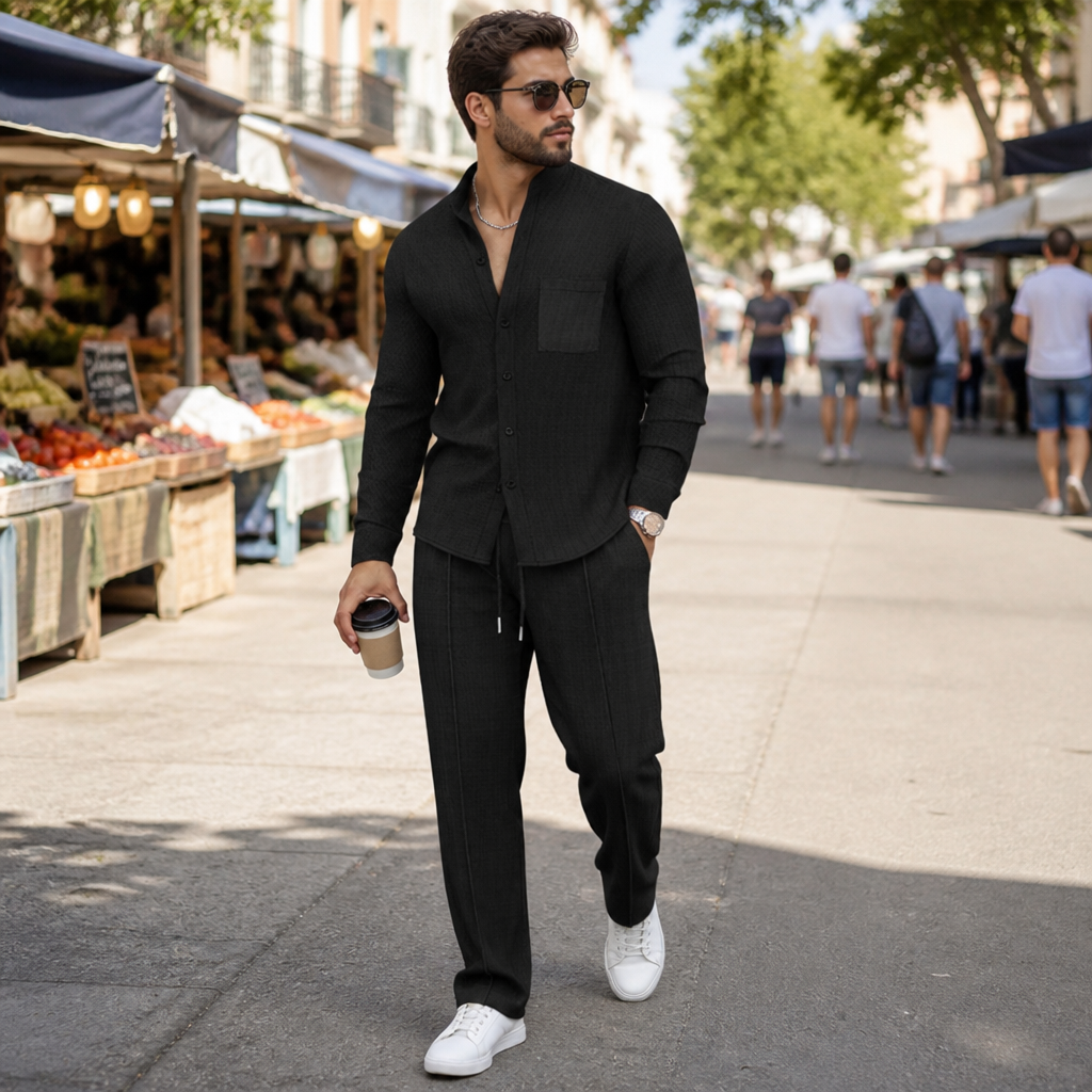 Stridonity™ – Relaxed Waffle-Texture Band-Collar Shirt & Pants Set