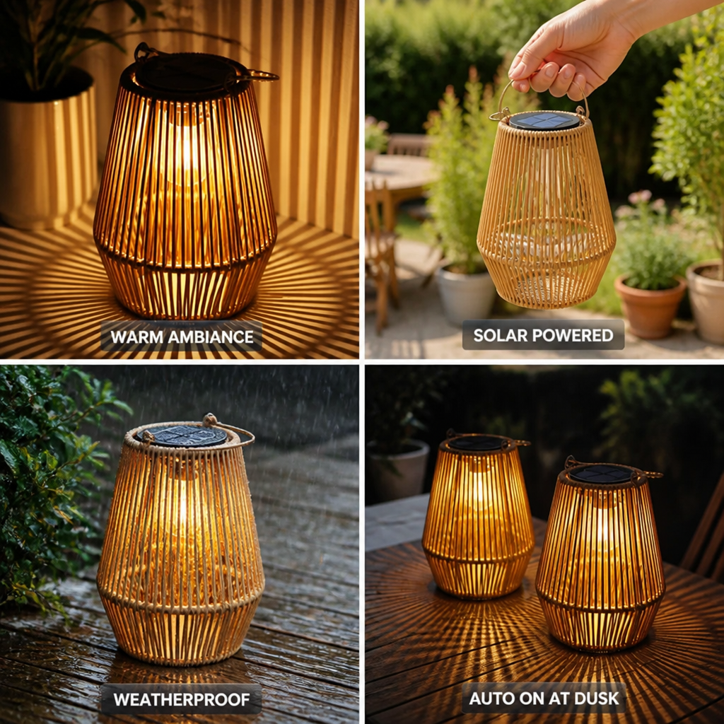 Handwoven Rattan Solar-Powered Garden Lantern