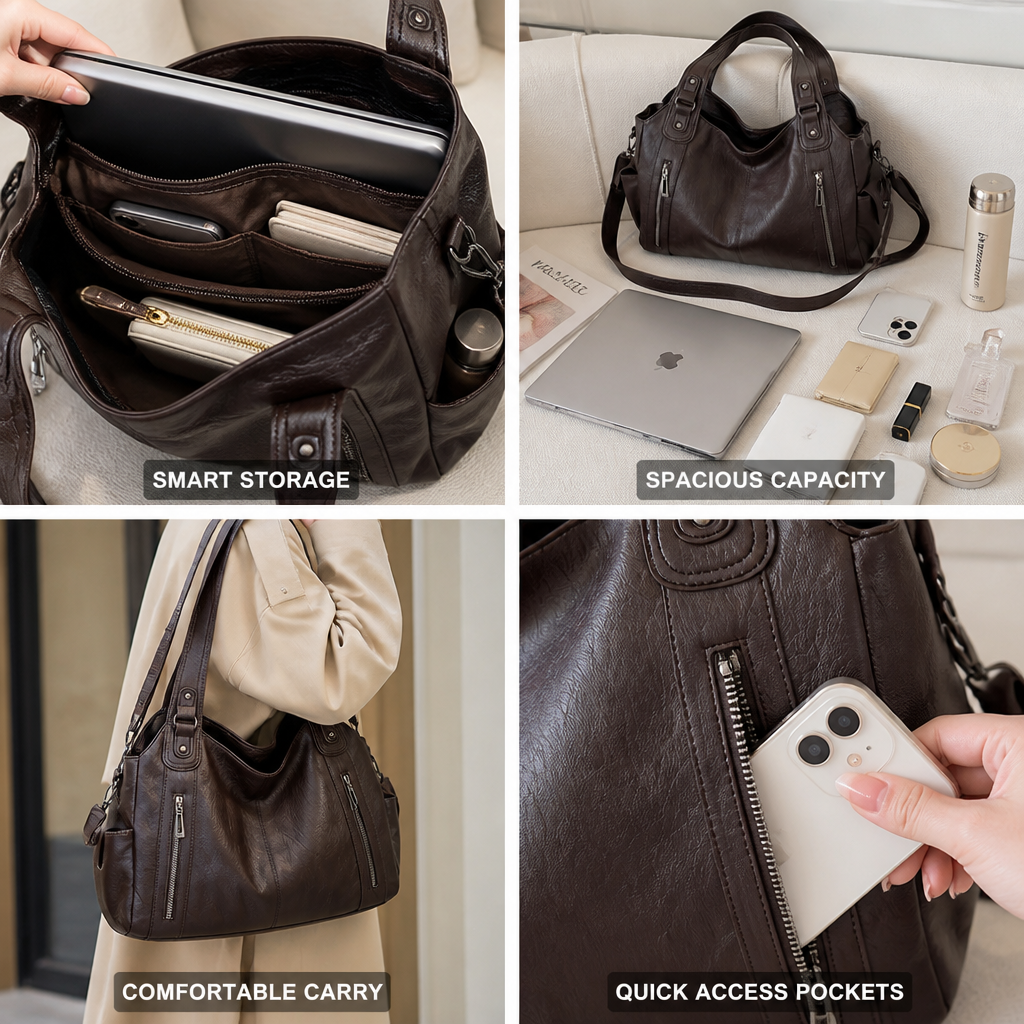 Faux Leather Multi-Pocket Tote Shoulder Bag