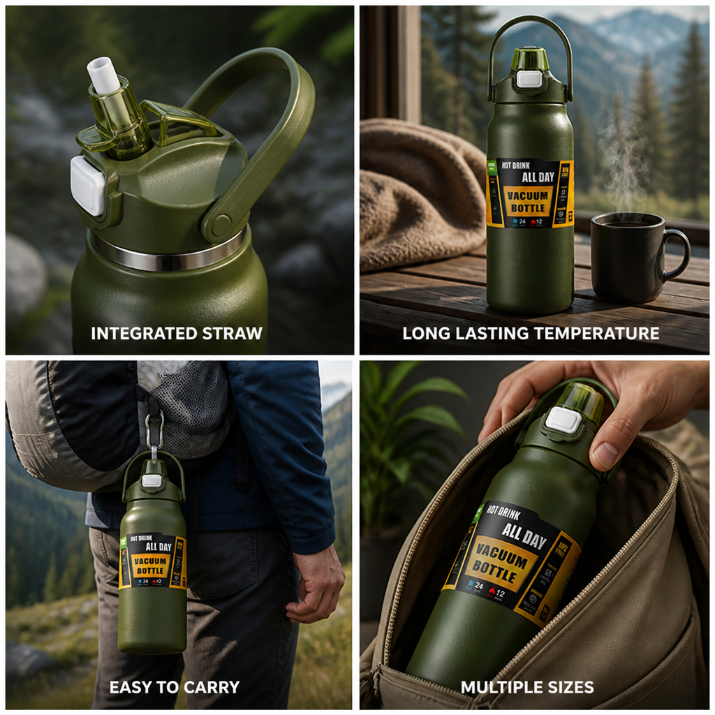 Insulated Stainless Steel Thermos Bottle (Integrated Straw)