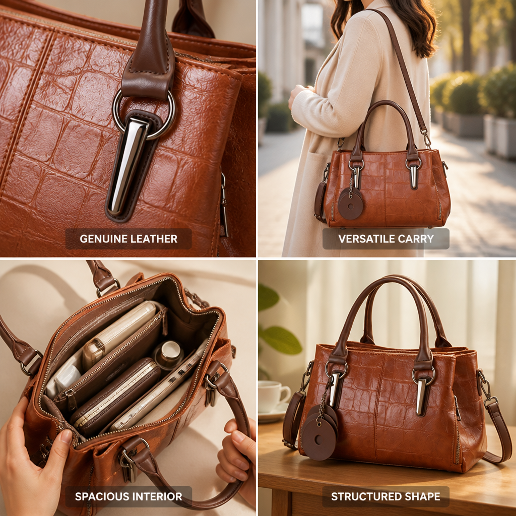 Genuine Leather Embossed Croc Boston Handbag (Removable Strap)