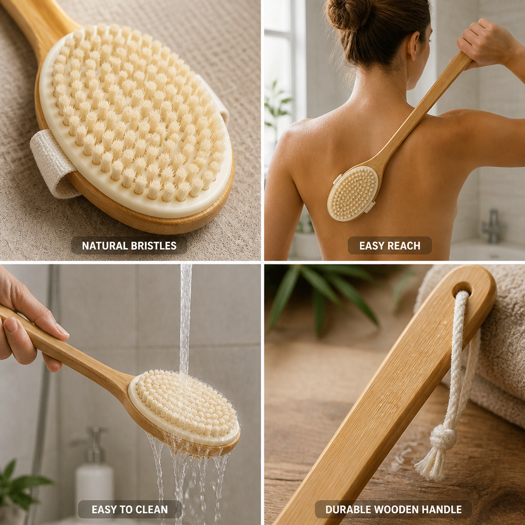 Natural Boar Bristles & Long Wooden Handle Back Scrub Brush