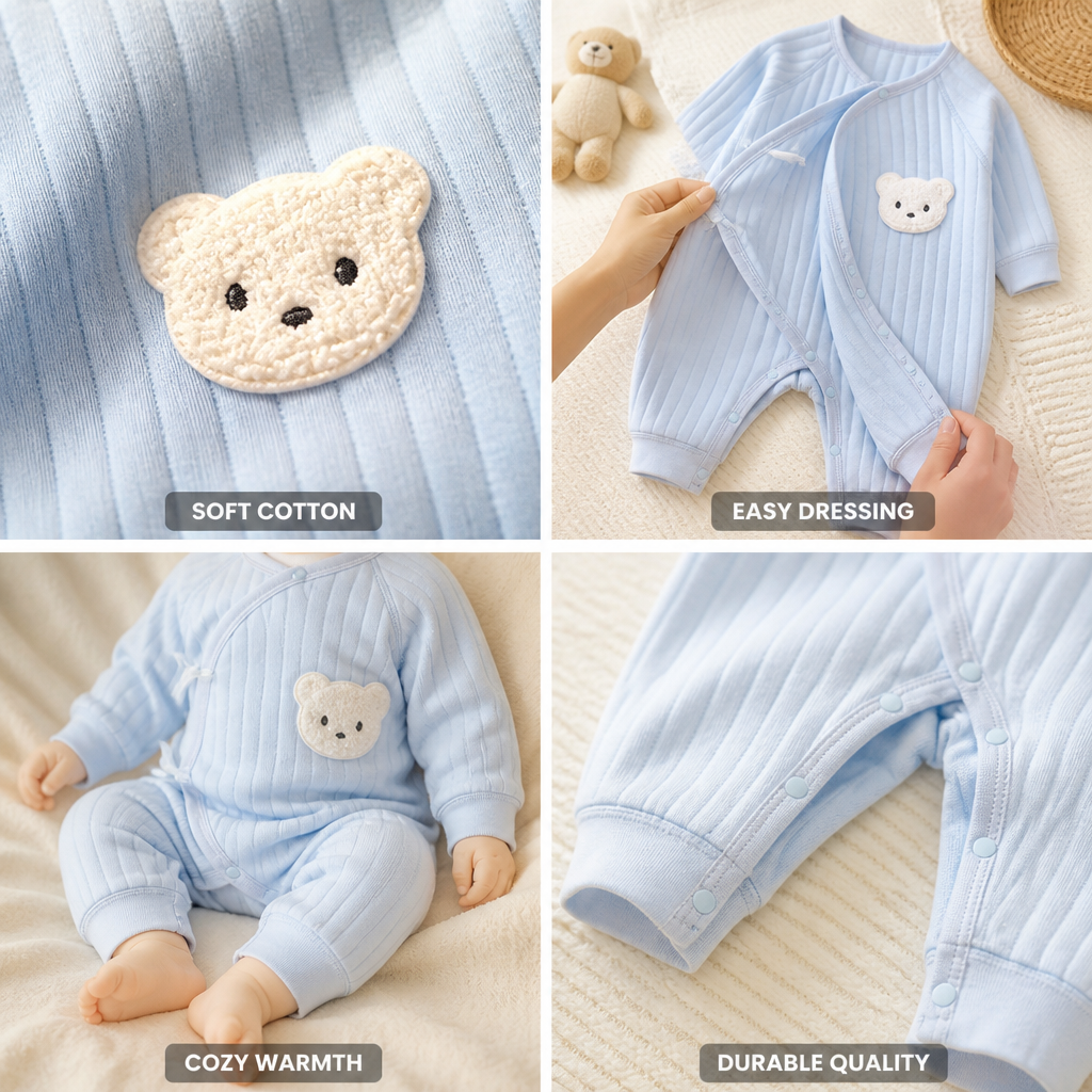 Soft 100% Cotton Press-Stud Baby Romper (Bear Applique)