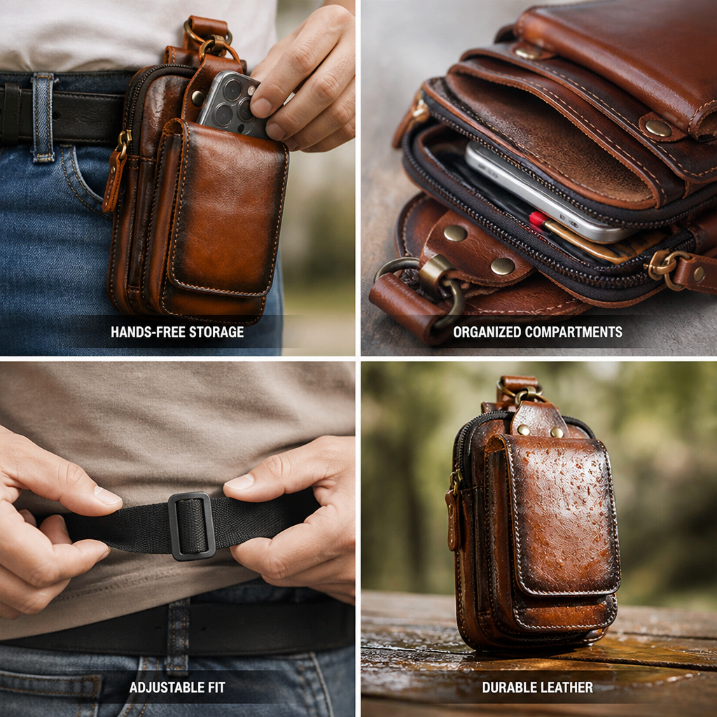 Full-Grain Leather Magnetic Flap Waist Pack (Adjustable Strap)