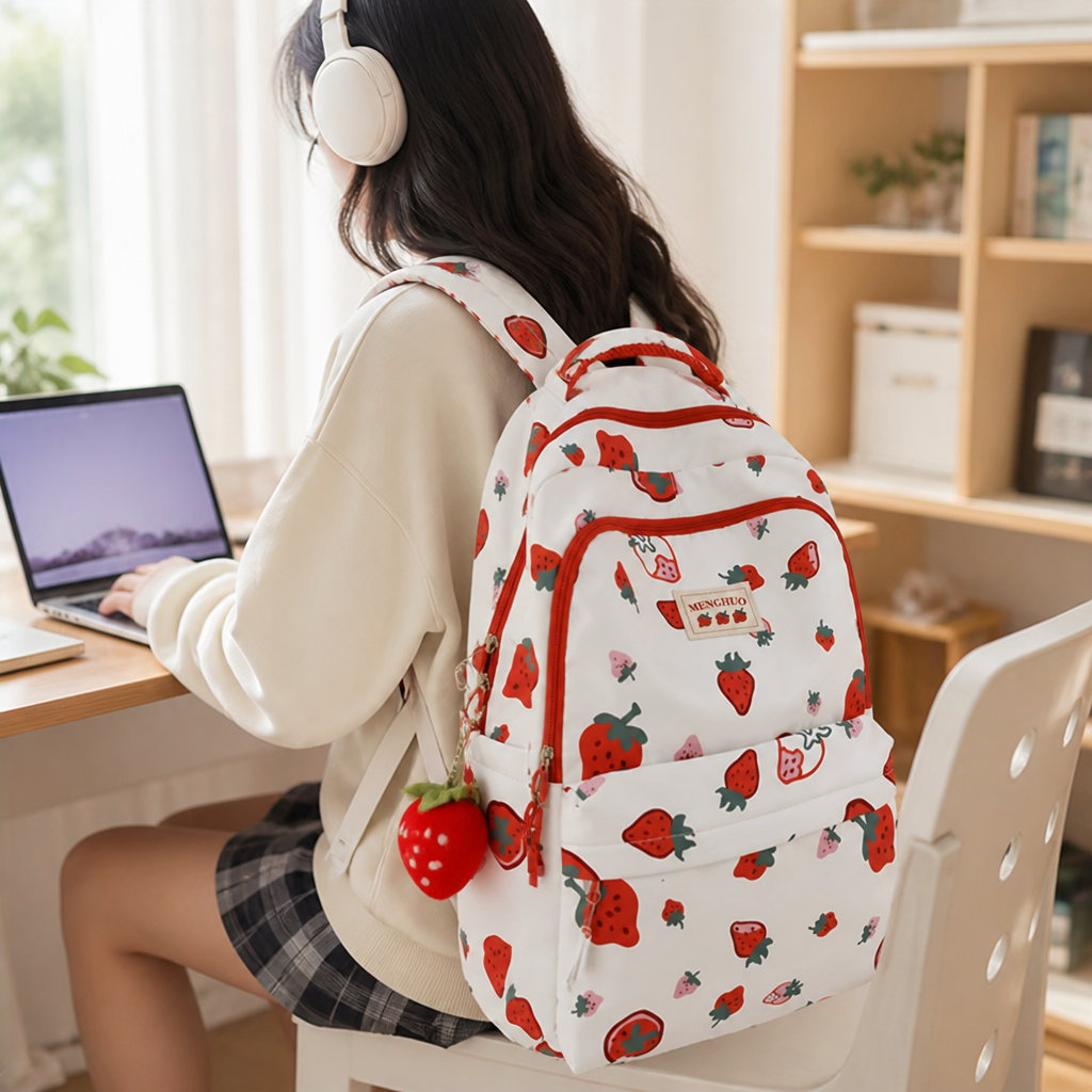 Lightweight Nylon Strawberry Print Backpack (Multiple Pockets)