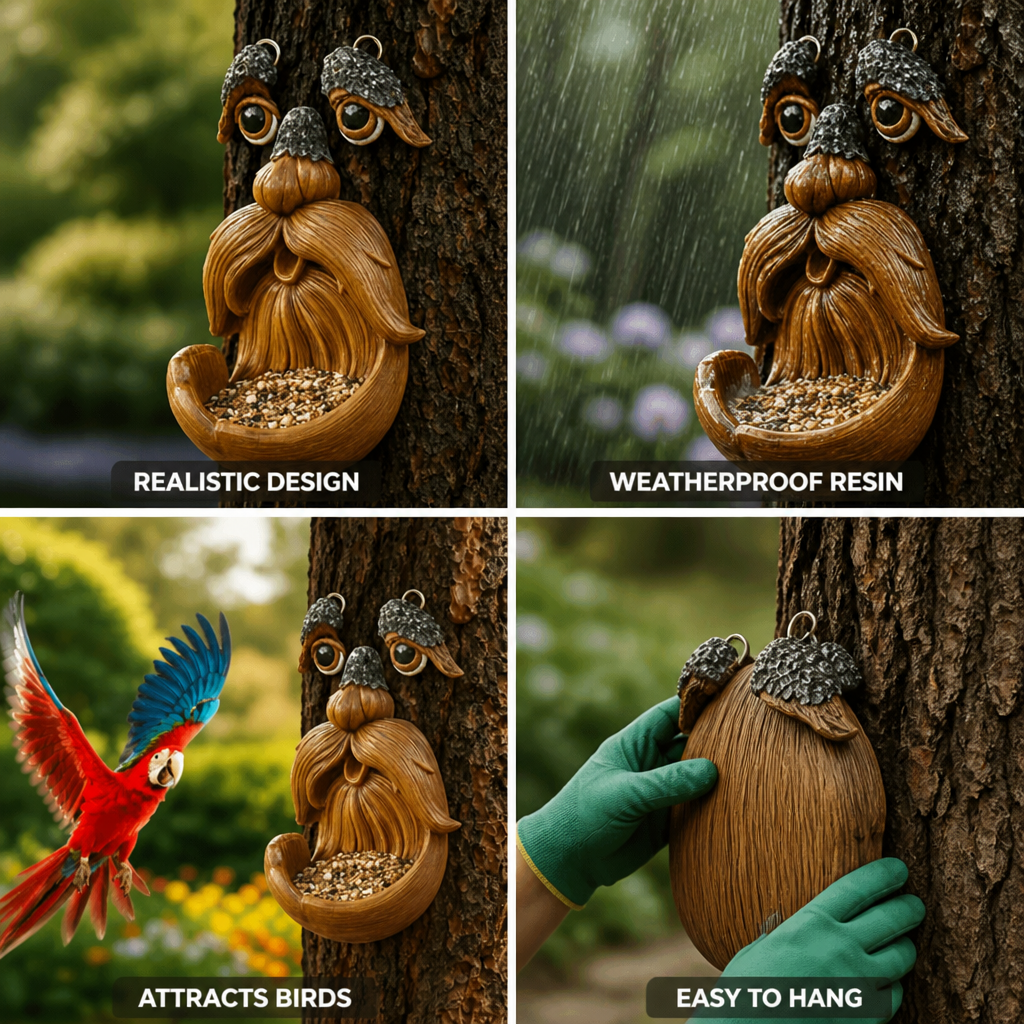 Weatherproof Resin Tree-Face Bird Feeder (Integrated Hanger)
