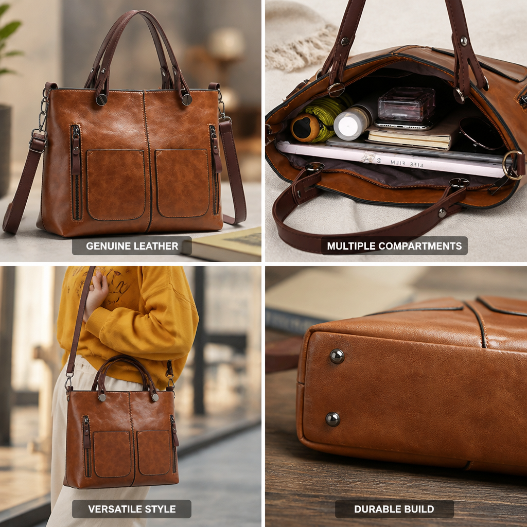 Genuine Leather Minimalist Shoulder Bag (Multiple Compartments)