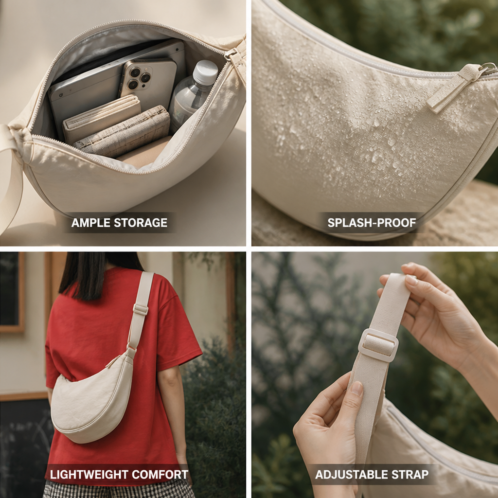 Lightweight Splash-Proof Nylon Crescent Shoulder Bag