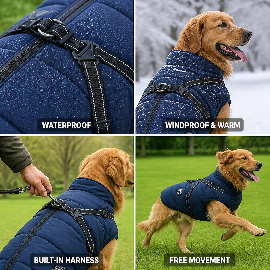Waterproof Windproof Fleece-Lined Dog Coat (Integrated Harness)
