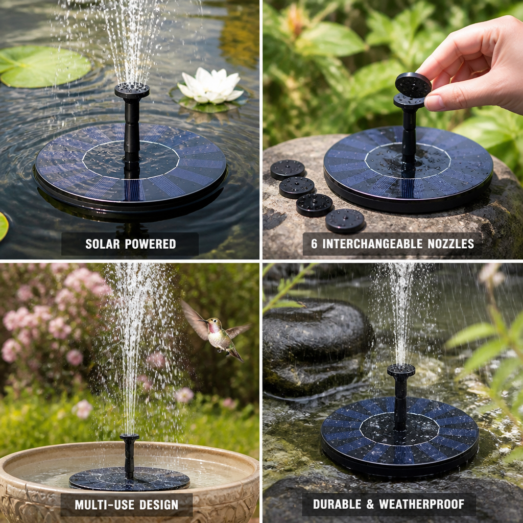 Solar-Powered Floating Fountain (6 Interchangeable Nozzles)