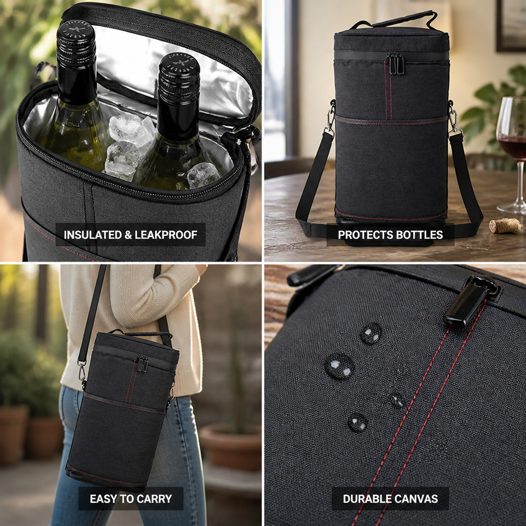 Insulated Leakproof Canvas Wine Carrier (2-Bottle)