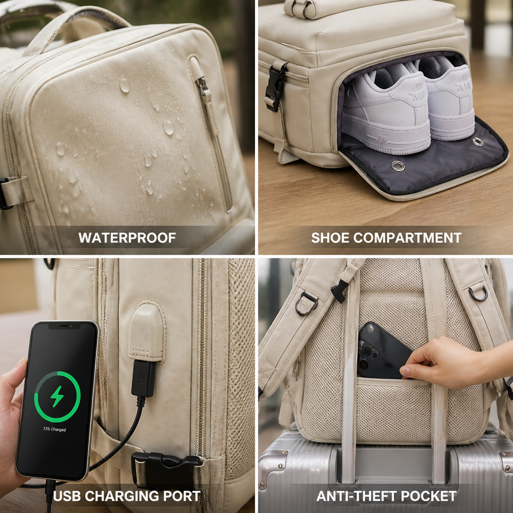 Waterproof USB-Port Shoe-Compartment Travel Backpack (40L)