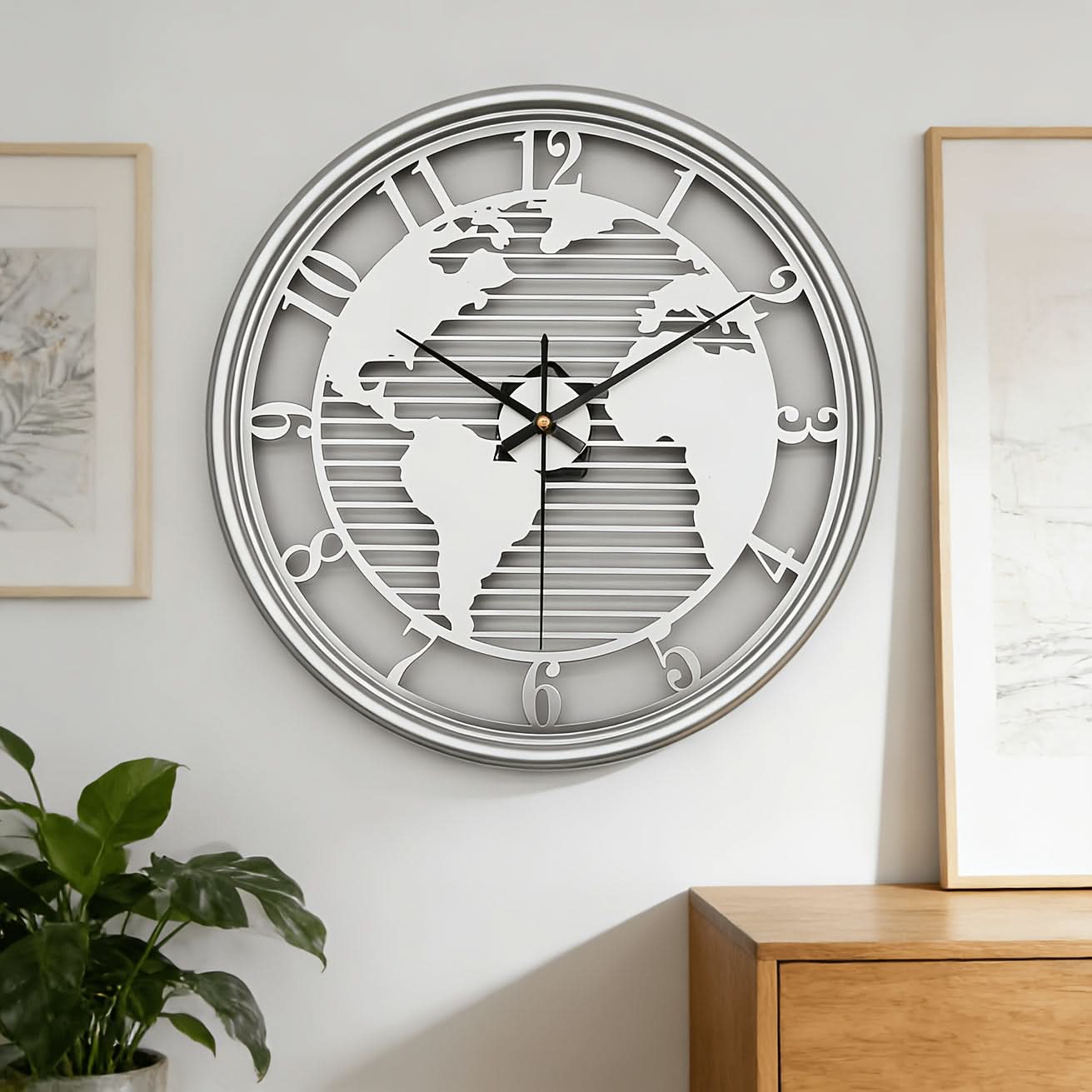 Silent Metal Wall Clock Featuring World Map Design