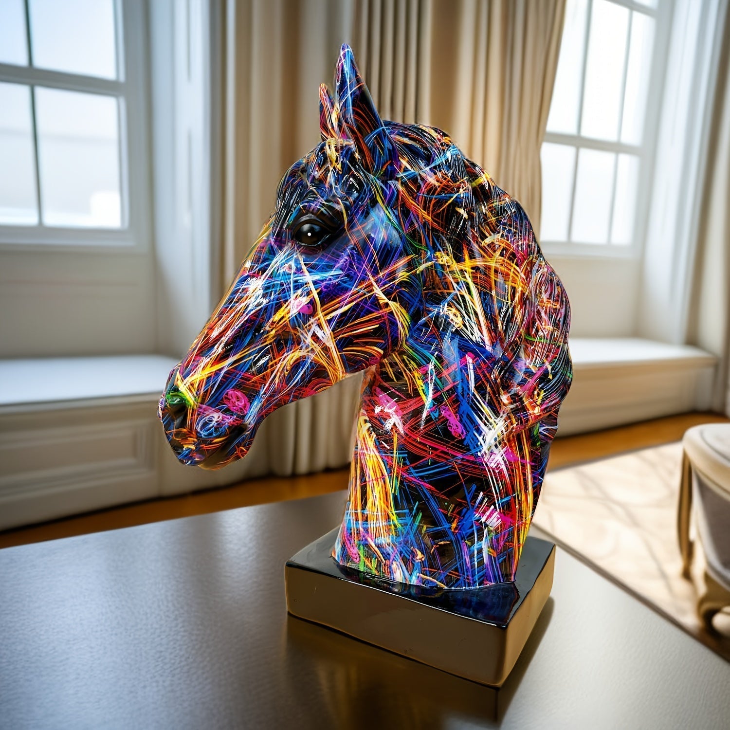 Resin Horse Head Statue Featuring Paint Splatter Artwork