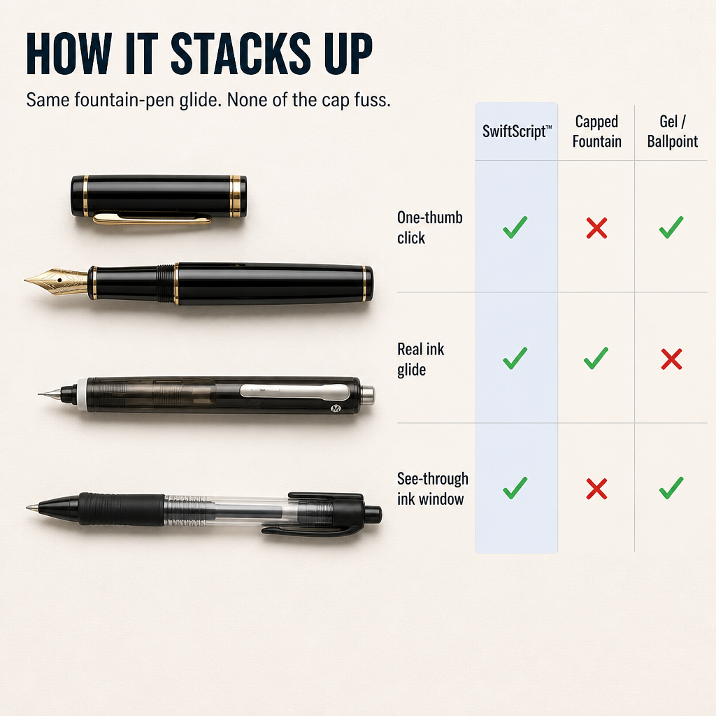 SwiftScript™ — Enjoy Fountain-Pen Smoothness Without the Cap-Off Fuss