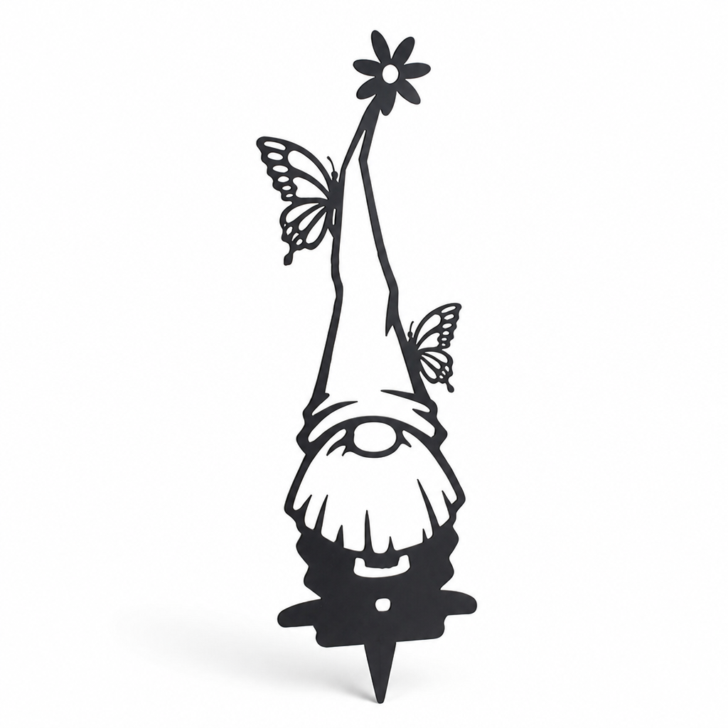 Weather-Resistant Iron Garden Gnome Stake (Butterfly & Flower Cutouts)