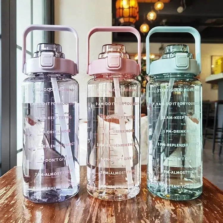 2L Water Bottle with Straw, Time Indicators & Leak-Resistant Cap