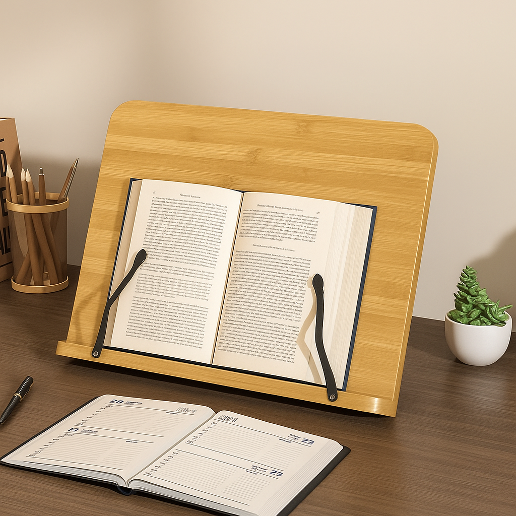 Wooden Book Stand with Adjustable Angle | Foldable Holder for Tablets & Cookbooks