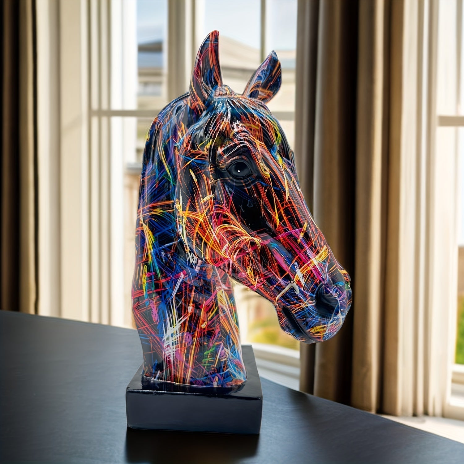 Resin Horse Head Statue Featuring Paint Splatter Artwork