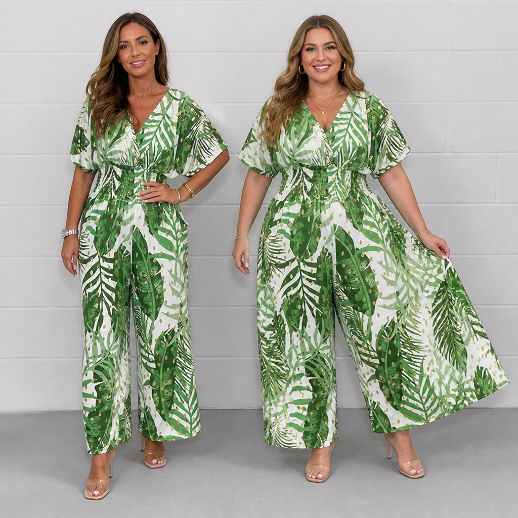 LatessaLuxe™ Plus Size Leaf Print Bodysuit — Feel Effortless Confidence and All-Day Freedom in Your Curves