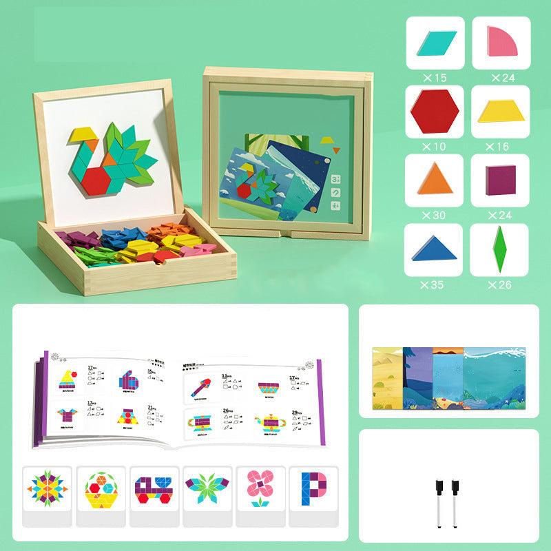 Wooden Building Blocks Set with Magnetic Pieces and Pattern Cards
