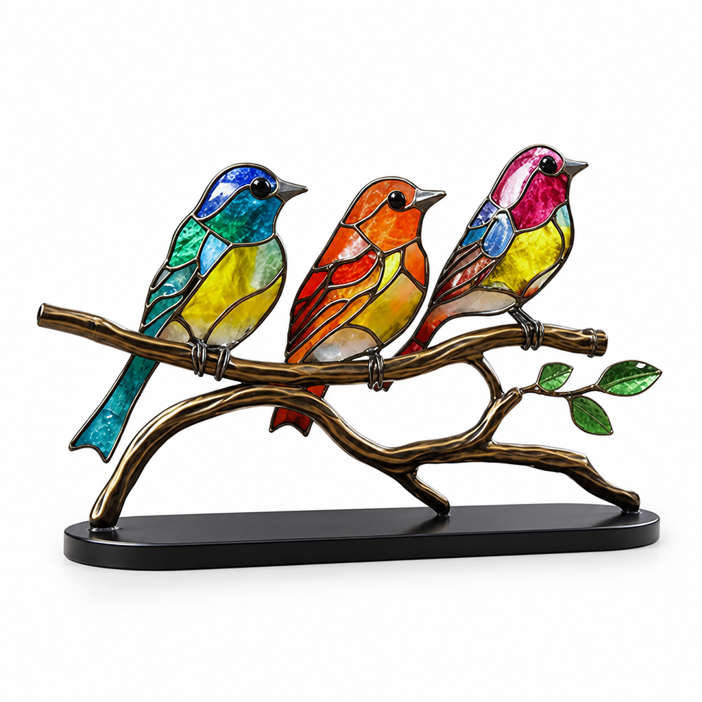 Handmade Colored Glass Bird Figurines (Set of 3 With Display Stand)