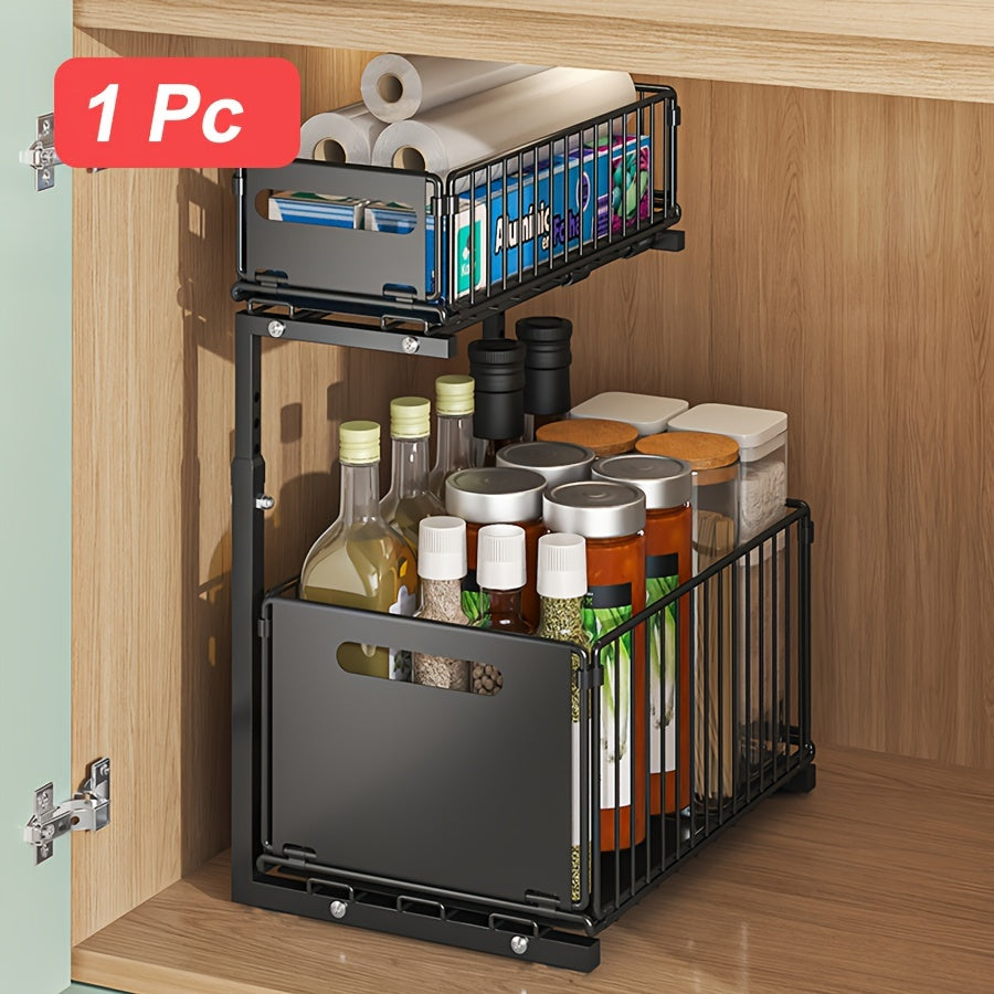 Two-Tier Cabinet Organizer with Extendable Carbon Steel Design