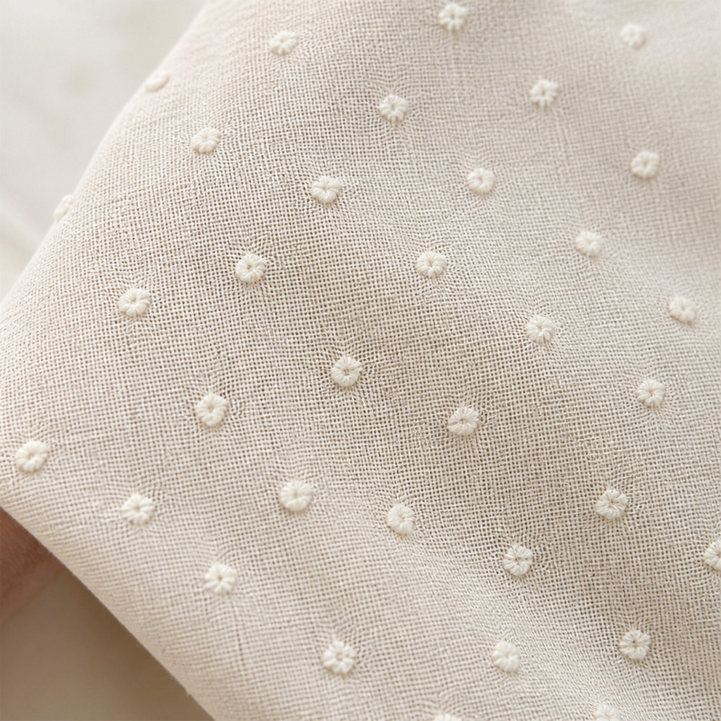 SilkoraWave™ – Laid-Back Swiss-Dot Top Featuring Buttoned Sleeve Tabs