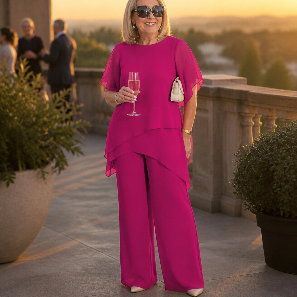 SerenLuxe™ – Sophisticated Chiffon Two-Piece Set Featuring Asymmetric Layered Top