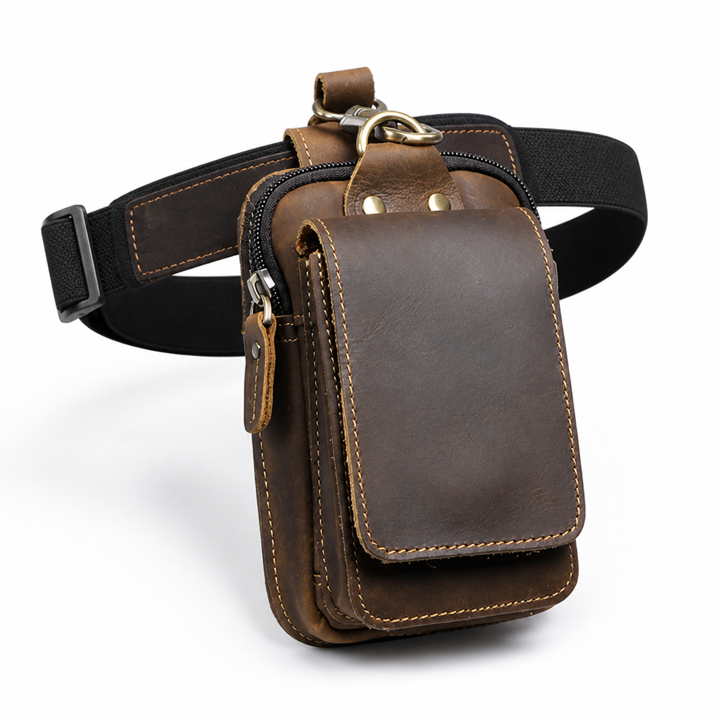 Full-Grain Leather Magnetic Flap Waist Pack (Adjustable Strap)
