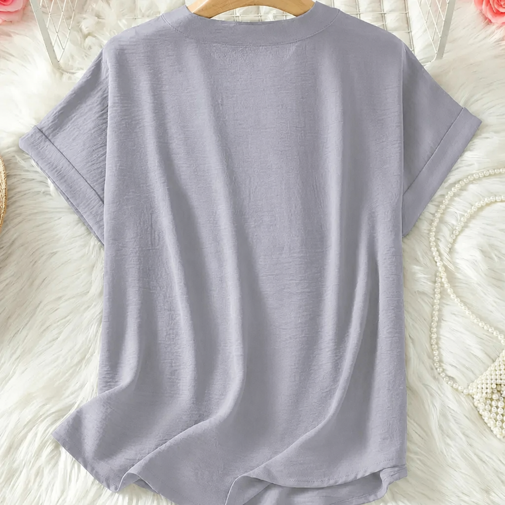 Silkora™ – Casual V-Neck Top with Rounded Hem