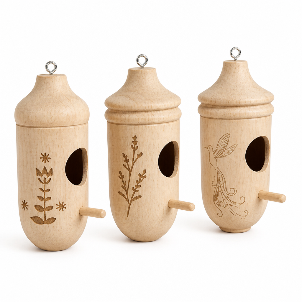 Engraved Natural Wood Hanging Birdhouse Set (3-Pack)