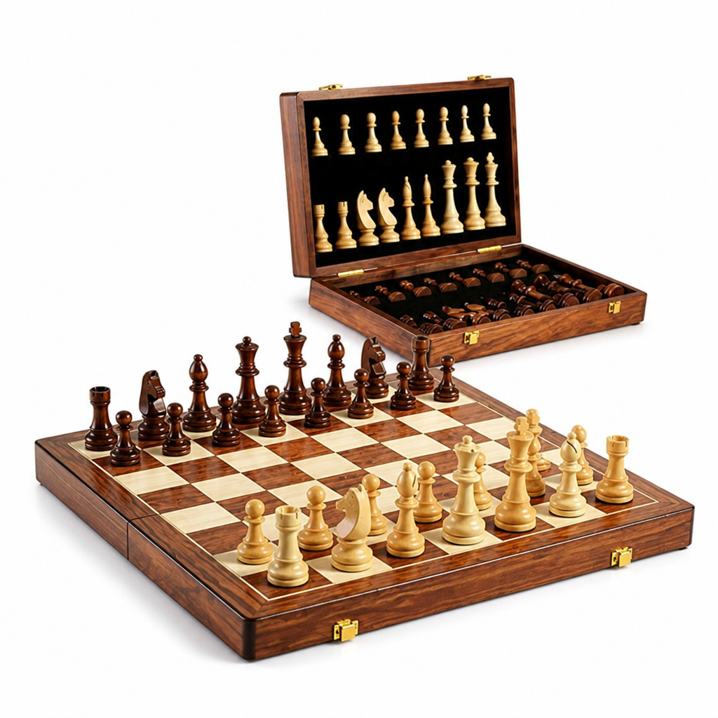 Solid Wood Foldable & Portable Chess Set (Includes Extra Queens)