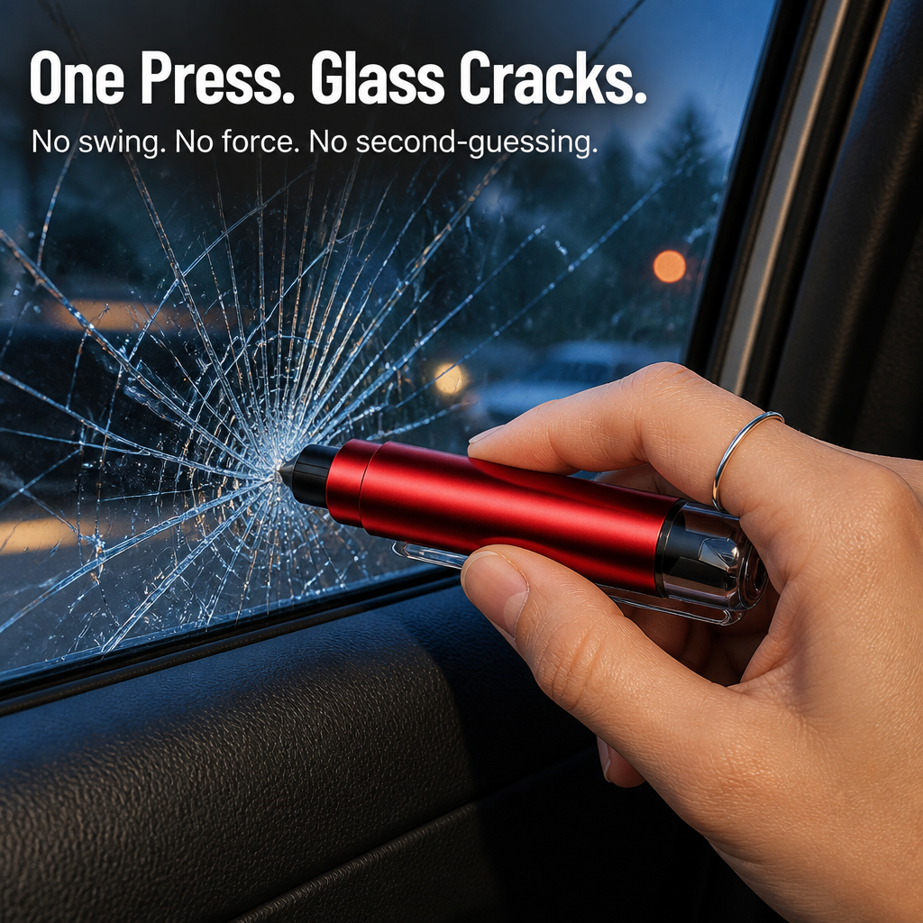 VeroGuard™ — Press Once to Break Glass and Slice Through Your Seatbelt