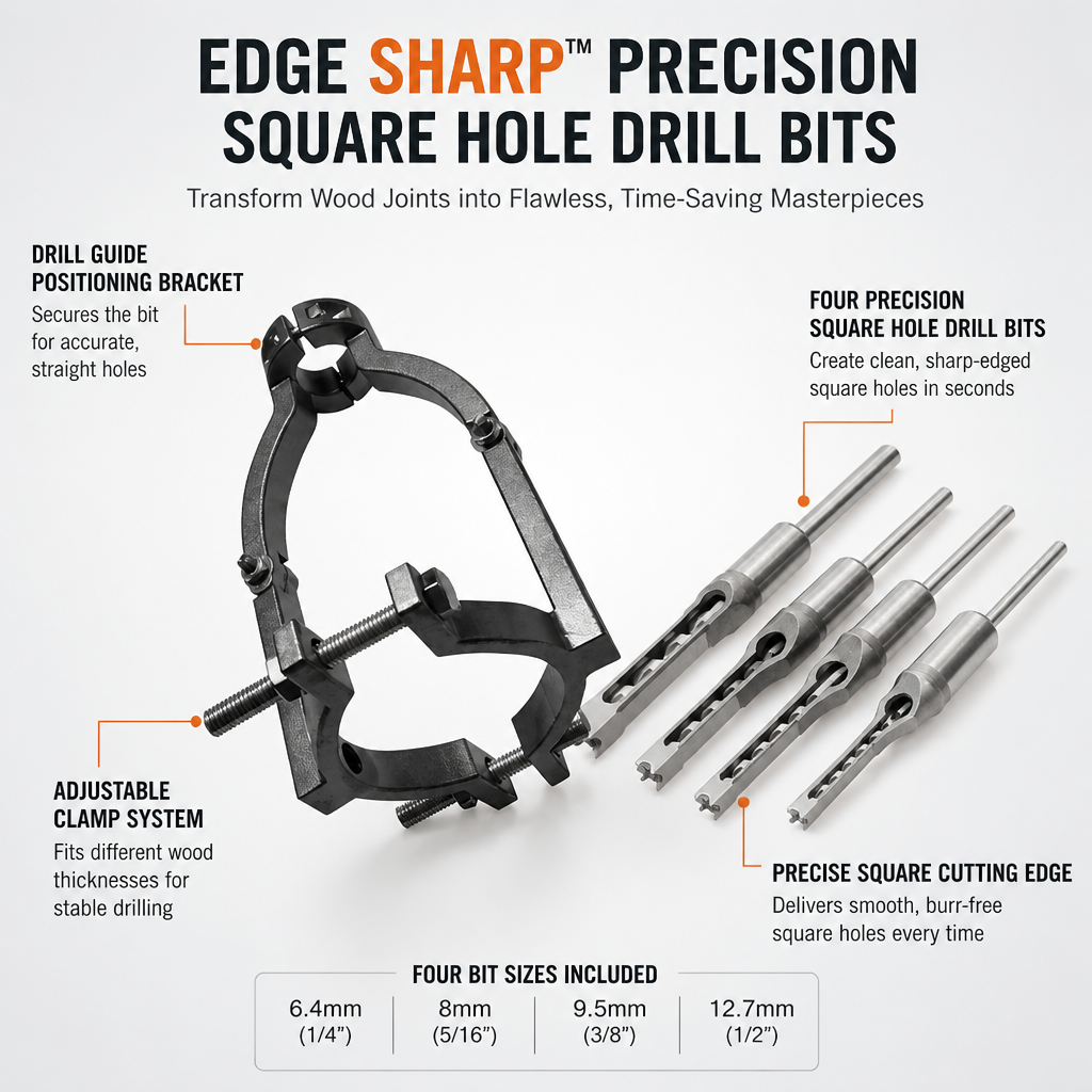 EdgeSharp™ Precision Square Hole Drill Bits — Transform Wood Joints into Flawless, Time-Saving Masterpieces