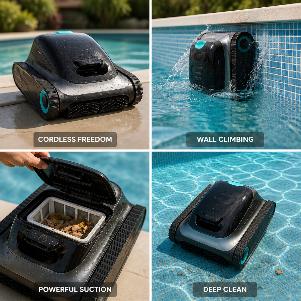 Cordless Powerful Suction & Wall-Climbing Robotic Pool Cleaner (150-Min Runtime)