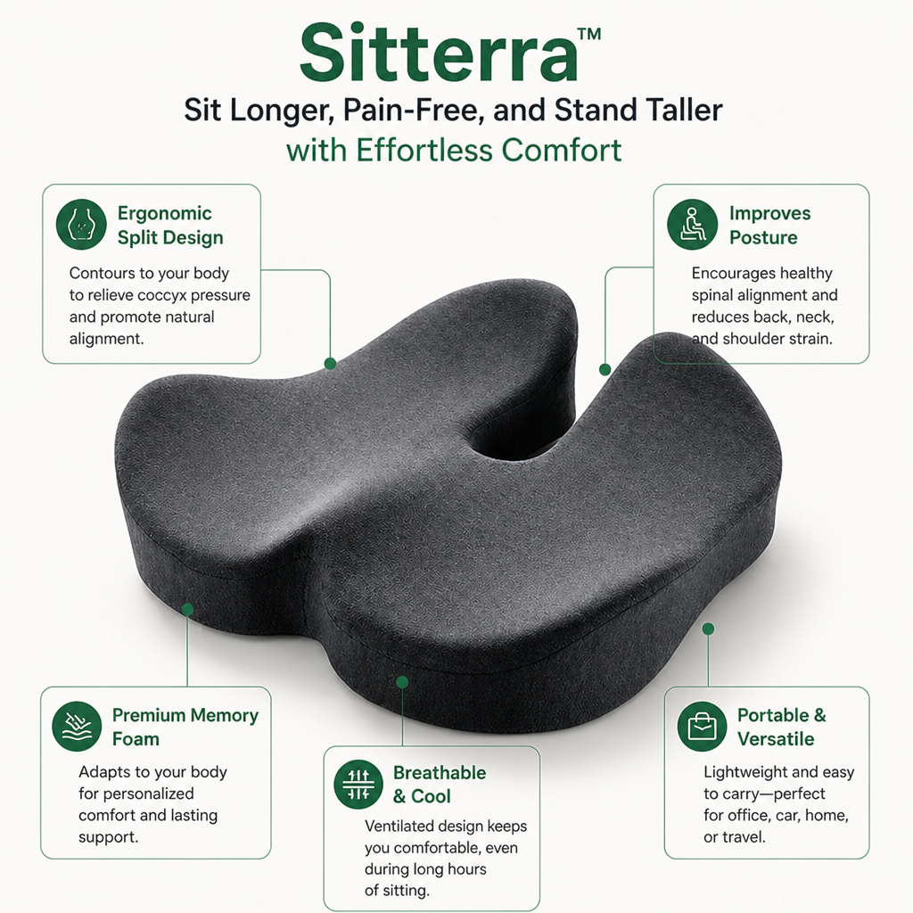 Sitterra™ — Sit Longer, Pain-Free, and Stand Taller with Effortless Comfort