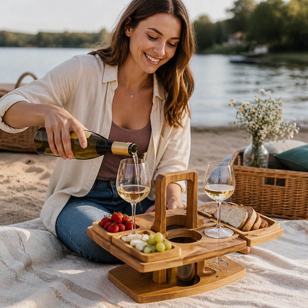 Foldable Acacia Wood Wine Table (With Glass & Snack Holders)