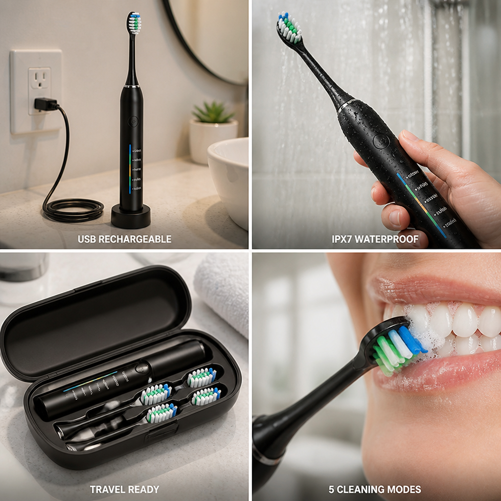 USB Rechargeable IPX7 Waterproof Electric Toothbrush (5 Modes)