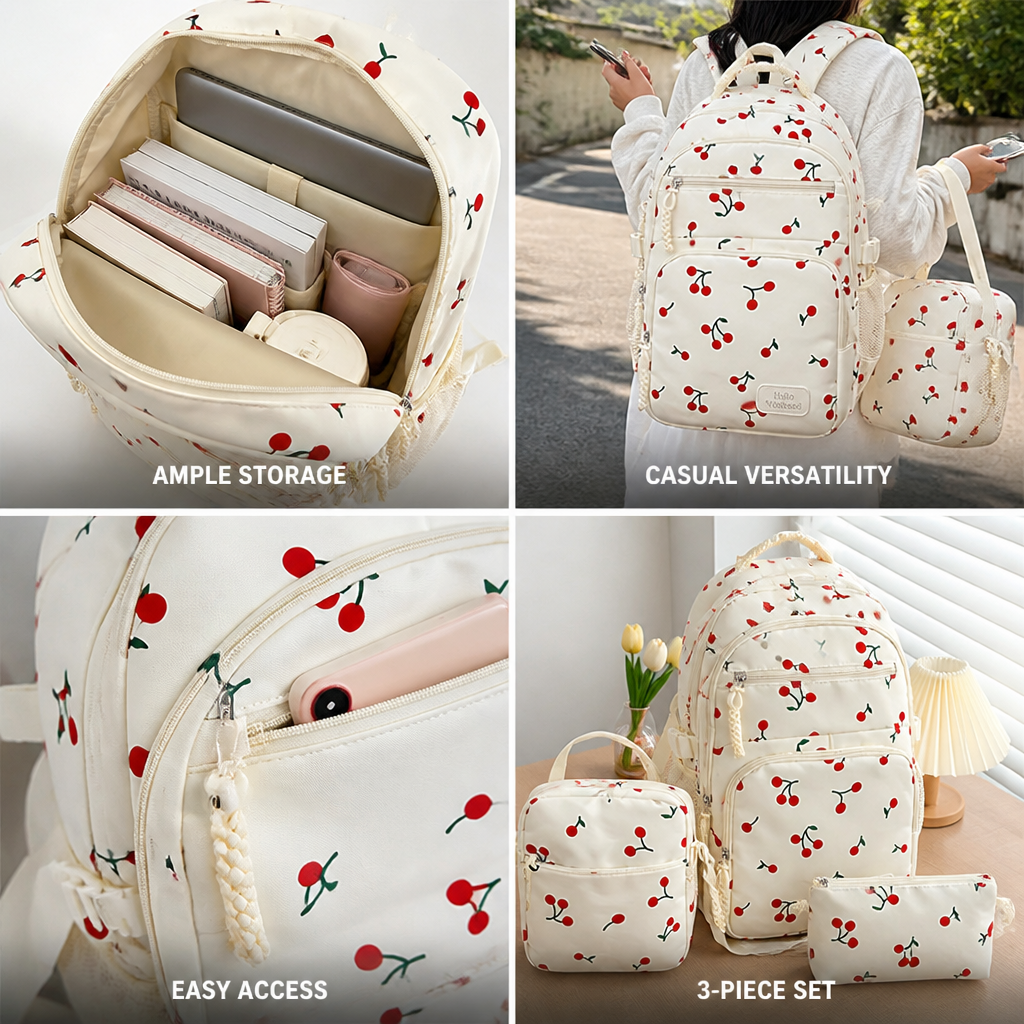 Large-Capacity Fruit-Print Backpack Set (3-Piece)