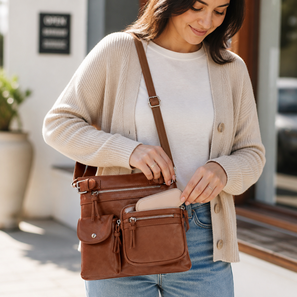 Genuine Leather Multi-Pocket Crossbody Bag (Adjustable Strap)