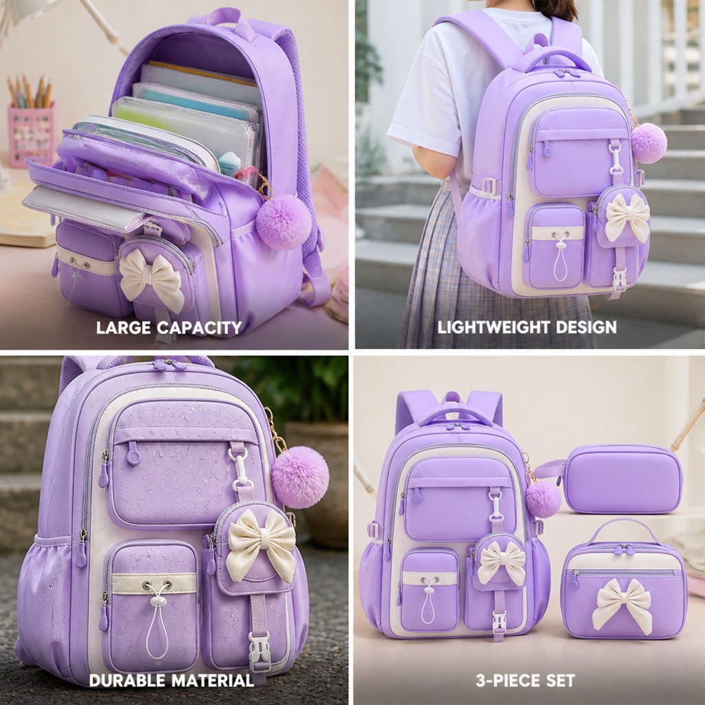 Large Capacity Lightweight Tablet-Compartment Backpack & Handbag Set (3-Piece Set)