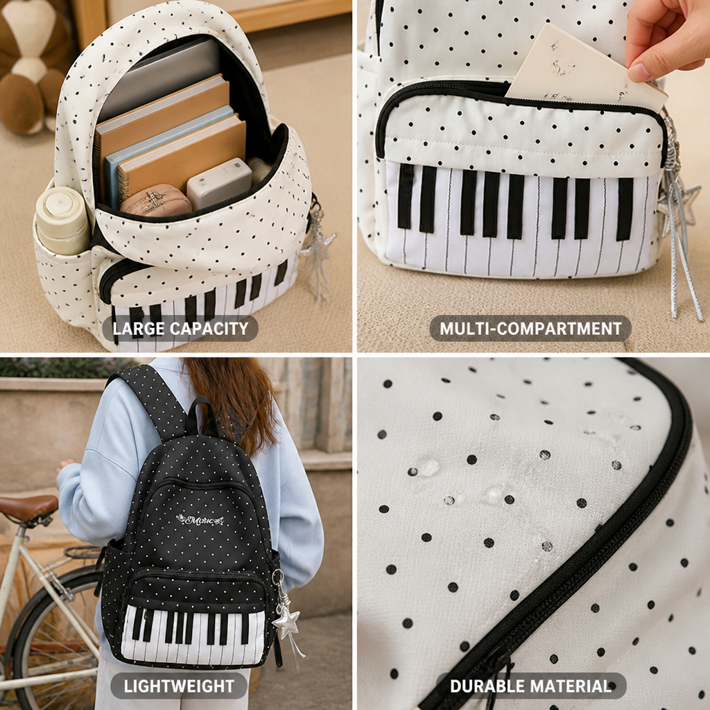 Large Capacity Multi-Compartment Kids Piano Polka-Dot Backpack